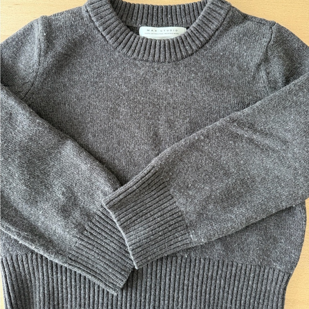 Max Studio Merino Wool Brown Ribbed Crewneck Sweater